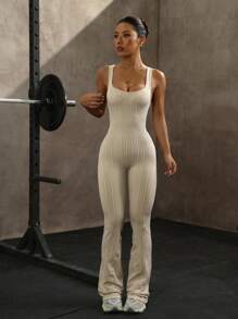 Slayform Bộ đồ liền thân hở lưng không tay bó sát có họa tiết - Màu trắng kem - Xem 3