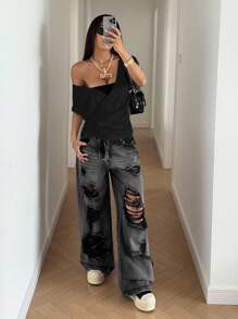 StreetHx 休闲 V 领褶饰百搭女式 T 恤，春夏