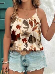 EMERY ROSE Camiseta de tirantes con estampado de hojas de otoño de talla grande, de estilo minimalista y elegante para vacaciones, adecuada para salir, top de verano para mujeres - Multicolor - Ver 5