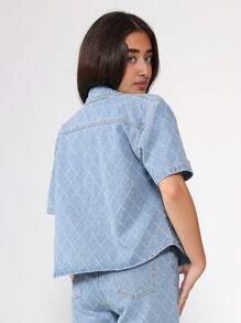 SUMWON Quilted Diamond Pattern Short Sleeve Denim Shirt Button Down Crop Top Spring Fall Casual Streetwear Jacket Modern Fashion Statement