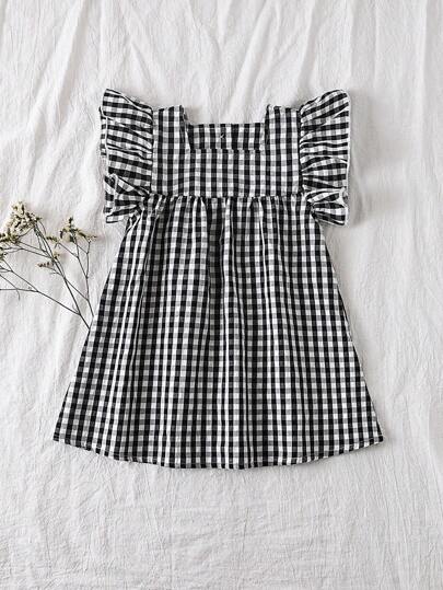 SHEIN Vintaside Kids Sukienka dla dziewczynek w zieloną kratkę z krótkim rękawem, kwiatowy wzór, lekki krój, odpowiednia do zabawy na świeżym powietrzu, na co dzień i na luźne przyjęcia