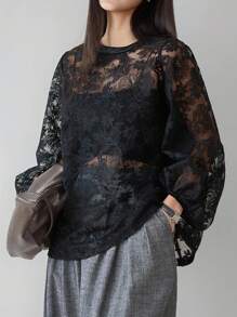 Dazy-Less 女士花卉印花透明蕾丝衬衫，宽松版型，适合商务、休闲、通勤、办公室穿着，春夏秋季长袖女上衣，秋季女装 - 黑色 - 查看 1