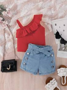 SHEIN 女婴休闲不对称荷叶边下摆背心和牛仔短裤两件套，夏季 - 紅色 - 查看 5