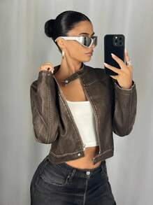 SHEIN ICON Women's Zip Front Stand Collar Fashion PU Leather Long Sleeve Jacket Fall Women Clothes