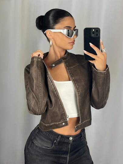 SHEIN ICON Women's Zip Front Stand Collar Fashion PU Leather Long Sleeve Jacket Fall Women Clothes