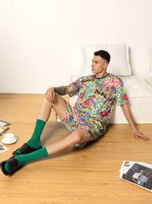 TEENAGE MUTANT NINJA TURTLES | SHEIN Men's Summer Allover Print Drop Shoulder Loose Top And Shorts Loungewear Set