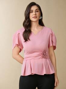 SHEIN Clasi Ladies' Casual Elegant Petal Short Sleeve Cut-Out V-Neck 3D Floral Belt Elastic Waist Ruffle Hem Blouse Top And Elastic Waist Flare Leg Pants 2 Pieces Set, Plus Size, Fall Women Clothes Fall Clothes Fall Women Outfits - Dusty Pink - View 5