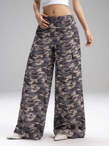 LYSMO 2025年新款简约秋季女士休闲时尚迷彩宽松纽扣口袋裤，适合外出穿着、返校装、毕业装、街头装、垃圾摇滚和朋克时尚、Y2K服装和斯德哥尔摩风格、前卫女装和独特服装、返校装、返校节、2000年代风格、Y2K服装返校装 - 彩色 - 查看 7