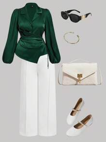 SHEIN MOD 大码女式绿灯袖休闲衬衫