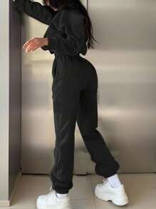 INAWLY 2 件套女士休闲字母印花运动衫和运动裤套装，秋冬 - 黑色 - 查看 2