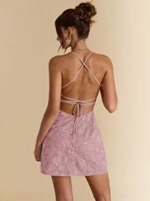 SHEIN BAE 夏季女式露背亮片提花绿色度假迷你连衣裙 - 藕粉色 - 查看 2