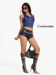 Flexra Sleeveless Solid Color Front Button Neck Backless Denim Jacket - Dark Wash - View 4