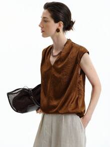 Aalyst Áo sơ mi nữ mùa hè không tay cổ chữ V xếp ly rộng rãi sang trọng, thời trang cao cấp, thanh lịch, giản dị - Rỉ Nâu - Xem 5