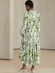 Aveloria Modichic Elegant Olive Green Floral Print Linen Dress For Women,Autumn Tea Party Holiday Bohemian Style,Long Sleeve Button Front Waist Tie Bamboo Nodes Dress - Multicolor - View 3