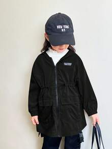 SHEIN Young Girl Casual Letter Print Zip-Up Drawstring Waist Woven Jacket In Fall/Winter - Black - View 4