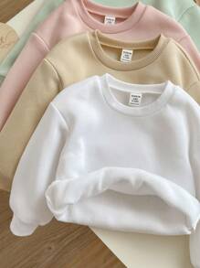 SHEIN 4 件装女婴纯色休闲毛绒衬里长袖运动衫，秋冬