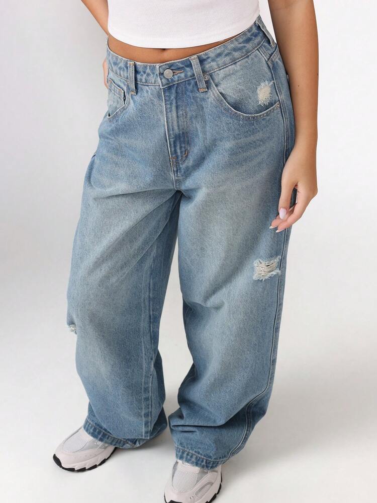 High Rise Baggy Distressed Denim Jeans With Wide Leg