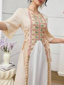SHEIN Najma Color Blocked Embroidery Trim Lace Up Short Sleeve Dress For Women - Multicolor - View 2