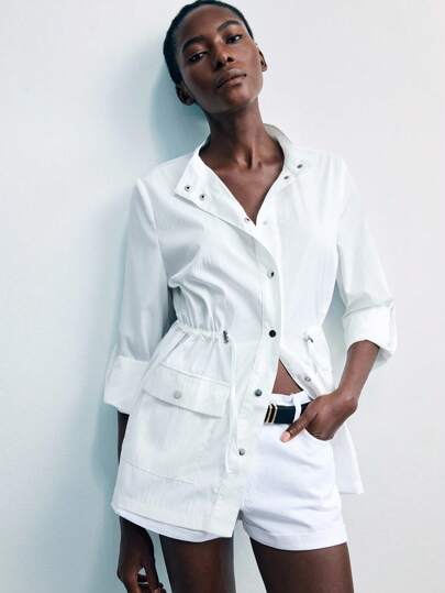 Maija Women's Casual Solid Color Drawstring Waist Regular Fit Jacket White Button Up Women Women Blouses For Summer Summer Shirts Woman Button Down Blouses For Women White Blouses Women Business Casual Woman Office Outfits For Women White Dresses Classy Elegant Autumn Resort Wear Women Fall Clothes For Women Fall Clothes For Women