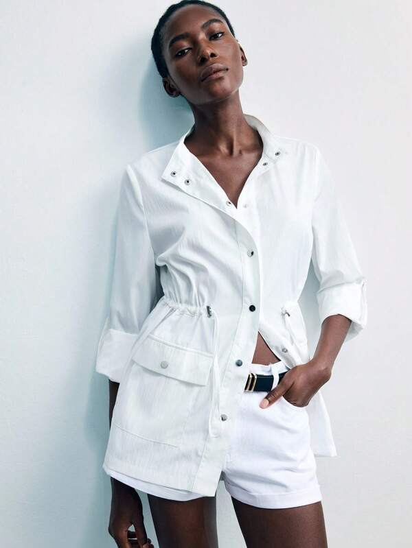 Maija Women's Casual Solid Color Drawstring Waist Regular Fit Jacket White Button Up Women Women Blouses For Summer Summer Shirts Woman Button Down Blouses For Women White Blouses Women Business Casual Woman Office Outfits For Women White Dresses Classy Elegant Autumn Resort Wear Women Fall Clothes For Women Fall Clothes For Women