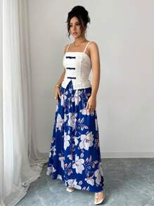 Selianne Women's White And Blue Floral Summer Elegant Tea Party Chic Sleeveless Tank Top & Printed Flare Skirt Two Pieces Set,Retro Resort Lady Outfit - Blue - View 4