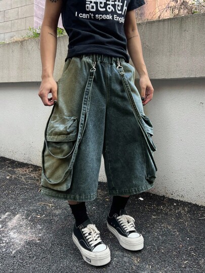 Manfinity EMRG Męskie luźne, swobodne, szerokie, dżinsowe szorty z kieszeniami cargo, męskie, swobodne, sprane, kontrastowe, podarte, dżinsowe szorty typu jorts