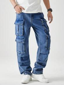 Chillumni Stylish Men's Casual Denim Cargo Jeans. These Long Light Wash Baggy Fit Wide Leg Pants Offer Ultimate Comfort And Ample Storage For Everyday Outings. - Light Wash - View 7