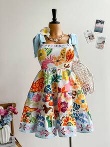 Dreamara Plus Size Women Floral Print Tie Strap Casual Dress, Vacation Or Back To School Outfit, Fall Clothing - Multicolor - View 1