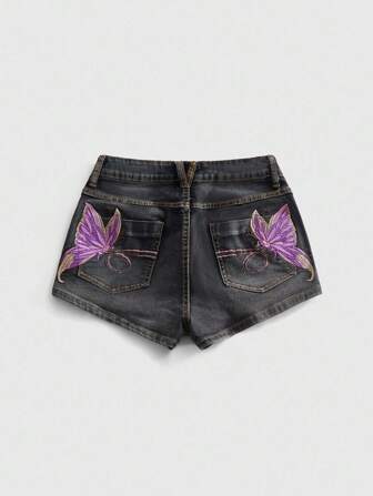 Fairycore Vintage Retro Y2K mini Denim Shorts mit besticktem Schmetterling, verwaschen und used, sexy Street Style, Sommerurlaub