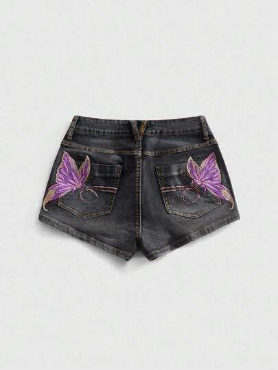 Fairycore Vintage Retro Y2K Embroidered Butterfly Mini Denim Shorts, Washed Distressed Sexy Street Style, Summer Vacation