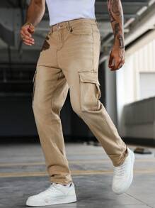 Manfinity Homme Quần Jeans Jeans Cargo Denim Vintage Thường Ngày Cho Nam - Màu be - Xem 7