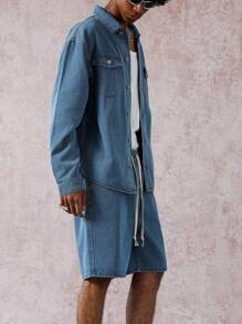 Manfinity EMRG Men's Casual Washed Denim Jacket And Shorts Set, Fall - Blue - View 5