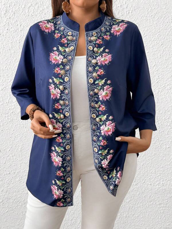 EMERY ROSE Plus Size Floral Decor Button Up Stand Collar Regular Fit Women Jacket, Spring Autumn Winter