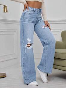 SHEIN ICON Washed Denim Blue High Waist Ripped Wide Leg Jeans - Light Wash - View 3