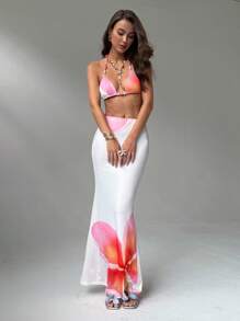 Aloruh Conjunto de top corto con escote halter y falda larga con estampado floral para vacaciones de mujer - Rosa - Ver 4