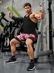 GymBeat 男士运动无袖运动 T 恤、吊带、背心 - 训练和健身房和健身垂袖剪裁吸湿排汗、透气、速干黑色常规剪裁面料圆领中度弹力 - 男士字母印花撞色圆领运动背心健身上衣健身房上衣透气 - 黑色 - 查看 5