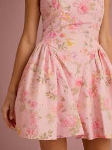 Enchnt Vestido mini lindo de princesa con cuello de corazón, sin mangas, con estampado de rosas color rosa pastel para mujer, para otoño/invierno