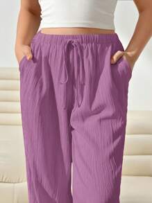 SHEIN EZwear 女士加大码宽松梭织休闲长裤，紫丁香色 - 紫丁香色 - 查看 6
