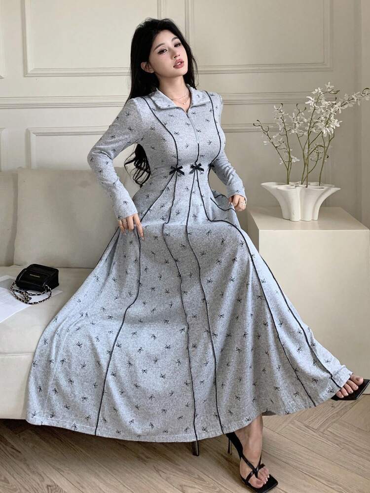 Feyla Women's Casual Fashionable Bow Decor Cinched Waist Long Sleeve Midi Dress - Light Grey - View 2