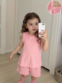 SHEIN 2pcs/Set Young GirlSweet Solid Color Simple Fashion Sleeveless Camisole Underwear & Shorts Set,Suitable For Girls Aged 4-7