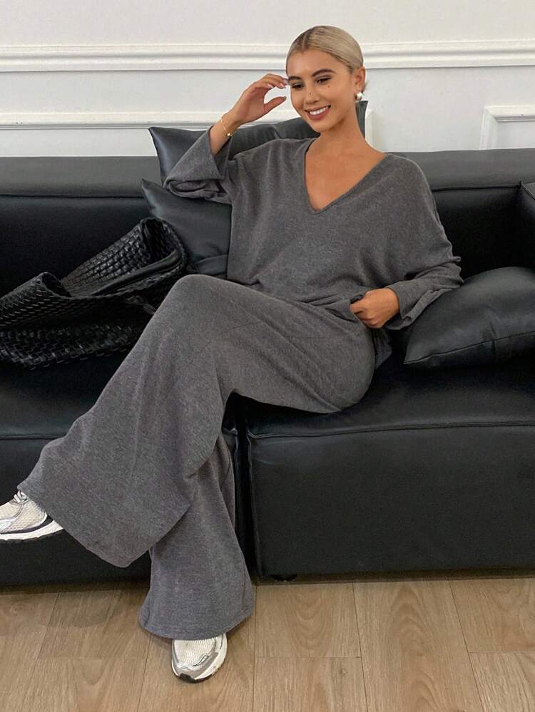 2 Pieces Casual Women Set, V-Neck Loose Long Sleeve Blouse And Straight Leg Loose Pants Lounge Sets For Women