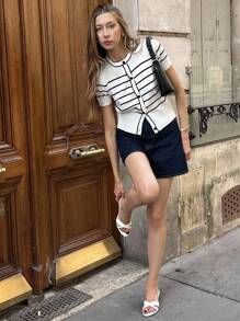 Pariaura Black & White Stripe Contrast Color Knit Cardigan, Short Sleeve Tops For Spring/Summer Knitted Sweater Clothes For University