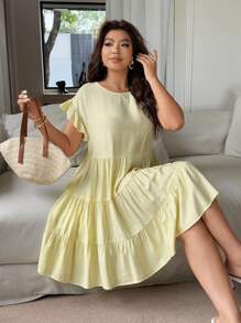 Flirla 大码女式休闲度假浪漫优雅荷叶边圆领及膝黄色连衣裙