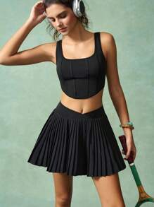 VARSIVA 女士纯色短款上衣和百褶迷你裙健身套装 - 黑色 - 查看 11