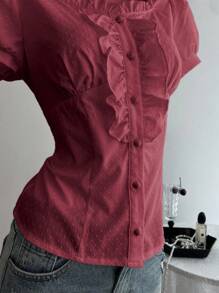 Elamini 女式纯色荷叶边短款泡泡袖单排扣时尚衬衫 - 紅色 - 查看 5