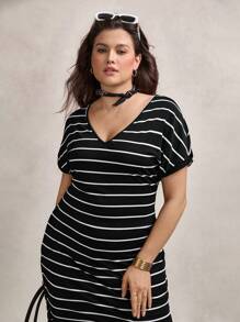 Zelara Plus Size V-Neck Raglan Curved Hem Mid-Length Loose Dresses For Summer Autumn Clothes Back To School School Clothes Homecoming  Teacher Striped
