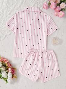 2 件套青少年女孩黑色爱心和粉白条纹短袖上衣和短裤休闲舒适睡衣套装睡衣短裤套装返校时尚