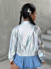 SHEIN 少女休闲纯色短款飞行员夹克，适合日常穿着，Y2K金属银色夹克，秋冬季款 - 銀色 - 查看 2