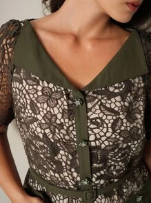 Anewsta Đầm ren dài vừa phải tay ngắn cổ chữ V thắt eo cỡ lớn cho nữ - xanh quân đội - Xem 5