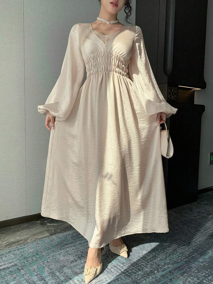 Beige Elegant Women A-Line Long Dress,Hollow Lace Panel Patchwork Puff Sleeve Waist Cinched Dress For Party,OL,Graduation,Autumn Date,Spring,Summer